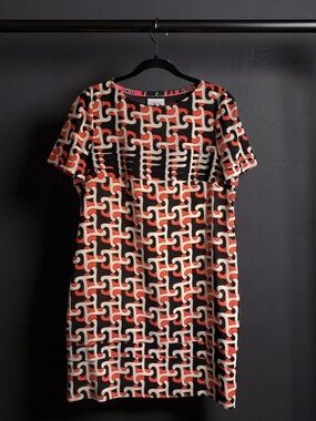 Geometric Print Shift Dress in Black, Orange & Cream with Pleats